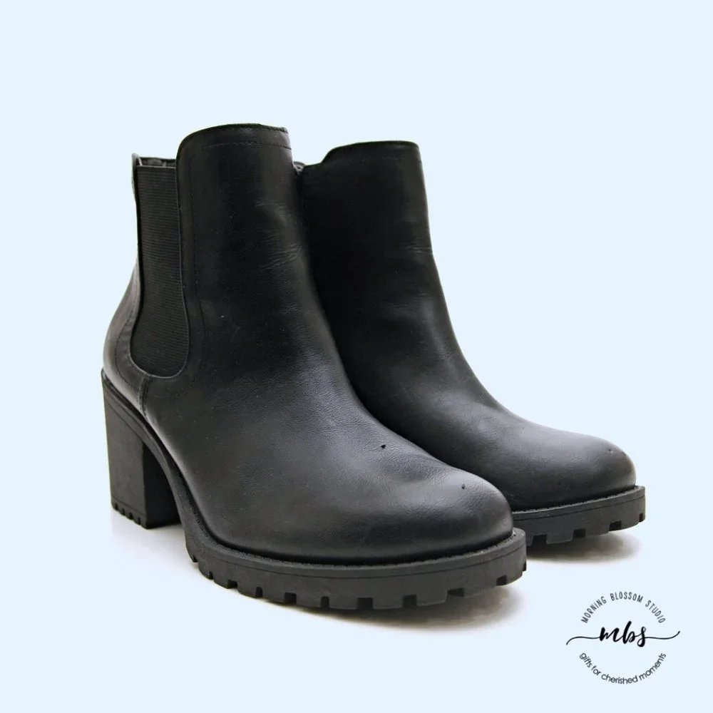 Sun + Stone Morghan Lug Sole Block Heel Booties
